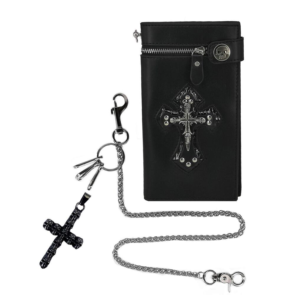 5877 Leather Wallet with Skull Cross Chain Biker Trucker Wallet Black